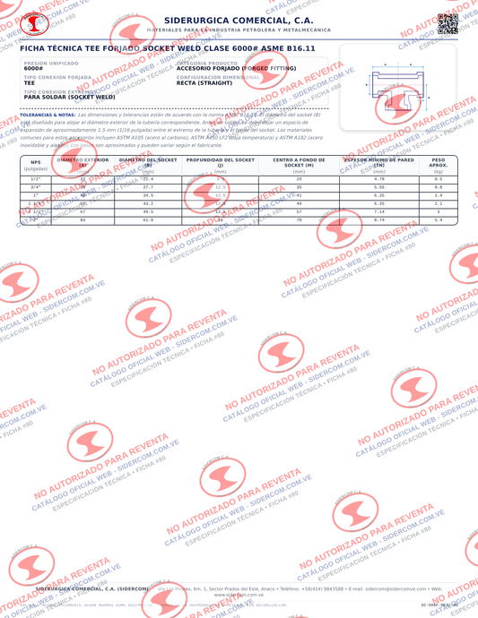 Tee Recta Socket Weld de 1/2", Clase 6000, Acero al Carbono A105, ASME B16.11