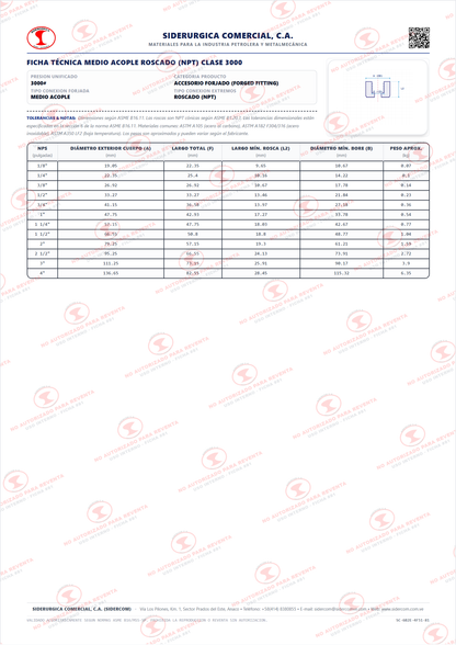 Medio Acople Roscado (NPT) de 1/2", Acero al Carbono A105, Clase 3000#, ASME B16.11