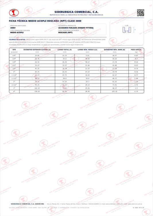 Medio Acople Roscado (NPT) de 2", Acero al Carbono A105, Clase 3000, ASME B16.11