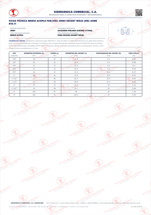 Medio Acople para Soldar (Socket Weld) de 1/2", Acero al Carbono A105, Clase 3000, ASME B16.11