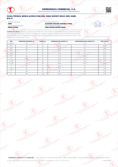 Medio Acople de 2", Acero al Carbono A105, Clase 3000, Socket Weld (SW), ASME B16.11