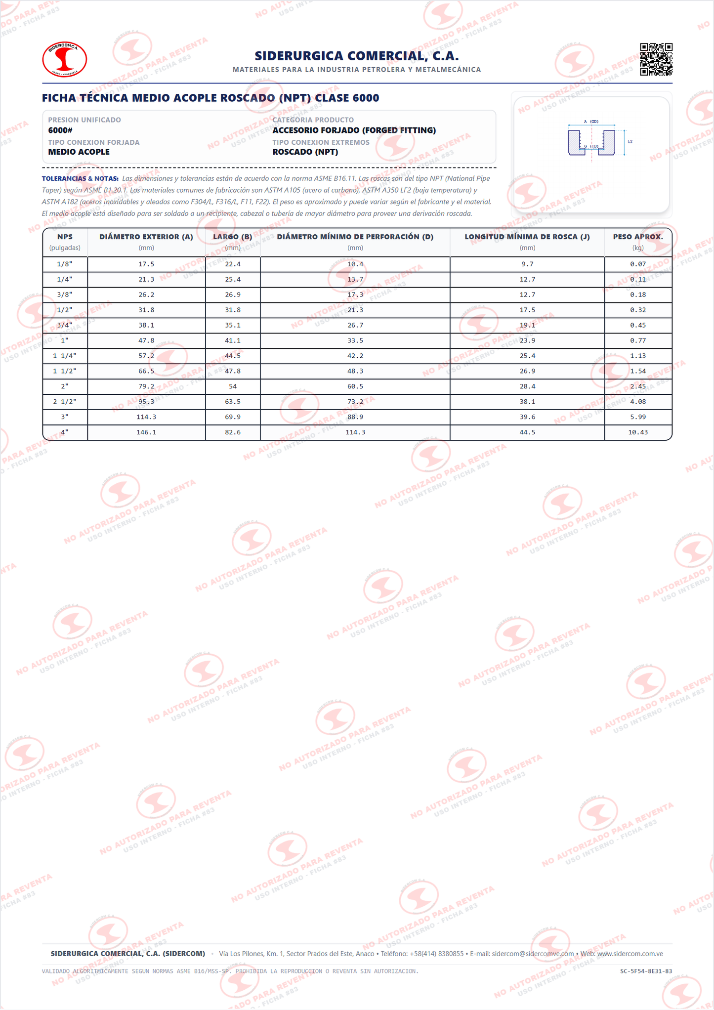 Medio Acople Roscado (NPT) de 1/2", Acero al Carbono A105, Clase 6000#, ASME B16.11