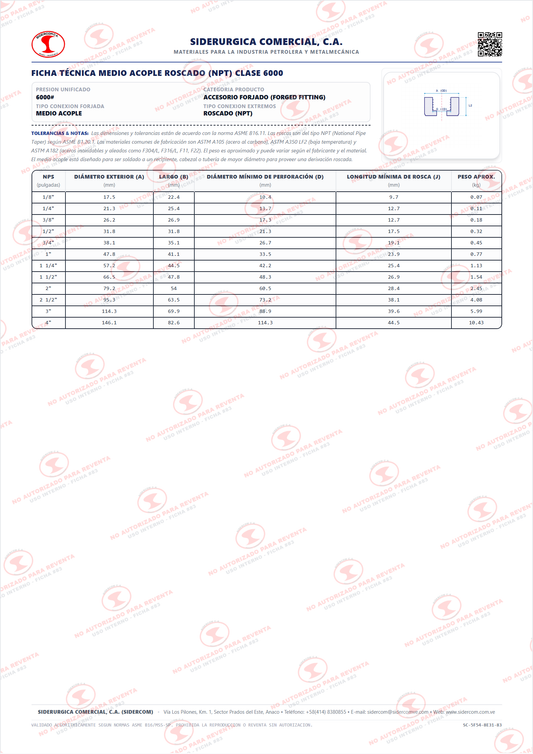 Medio Acople Roscado (NPT) de 1/2", Acero al Carbono A105, Clase 6000#, ASME B16.11