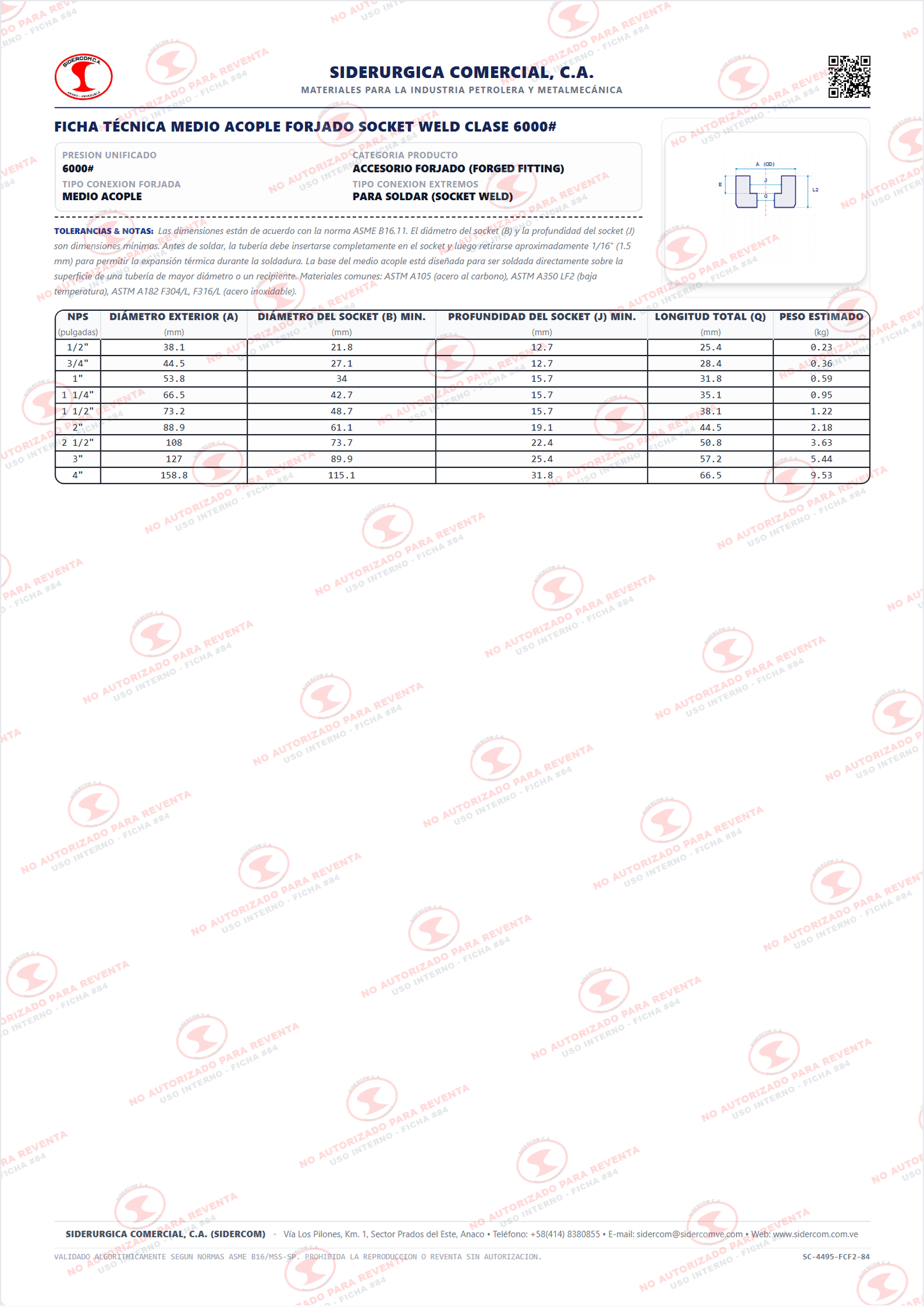 Medio Acople para Soldar (SW) de 3/4", Acero al Carbono A105, Clase 6000#, ASME B16.11