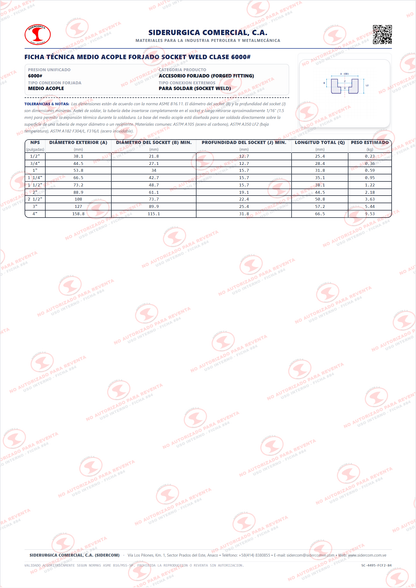 Medio Acople para Soldar (SW) de 3/4", Acero al Carbono A105, Clase 6000#, ASME B16.11