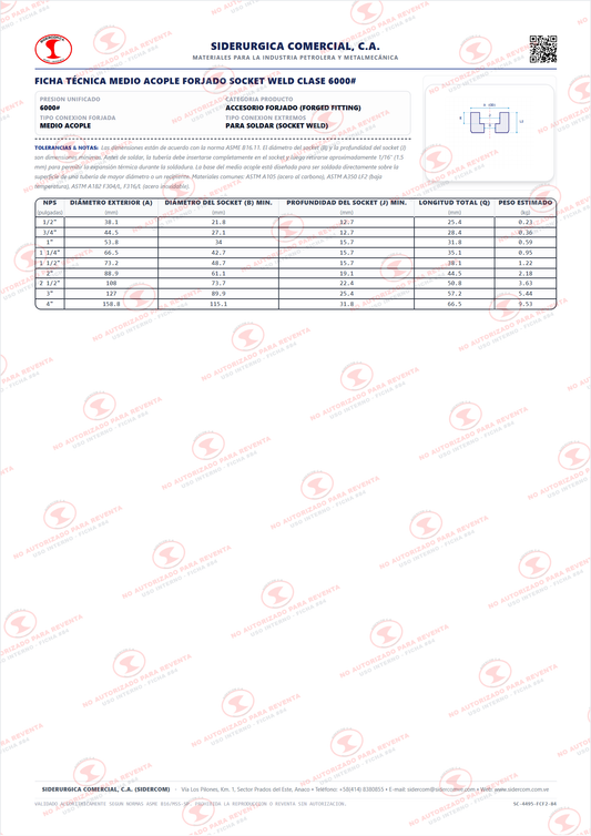 Medio Acople para Soldar (SW) de 3/4", Acero al Carbono A105, Clase 6000#, ASME B16.11