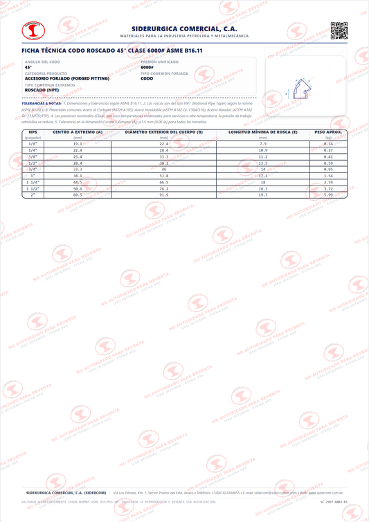 Codo 45° Roscado (NPT) de 1/2", Acero al Carbono A105, Clase 6000, ASME B16.11