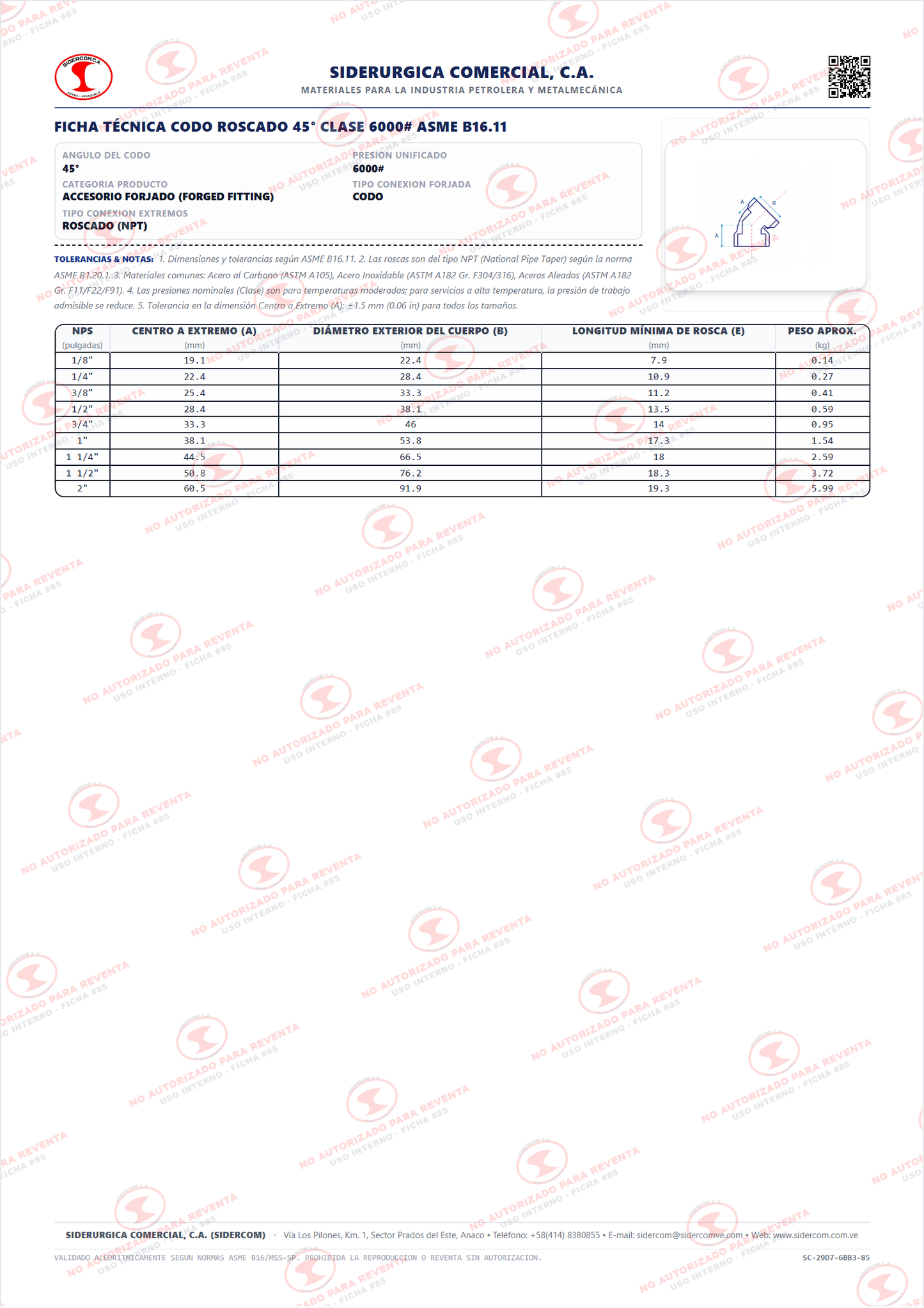 Codo 45° Roscado (NPT) de 2", Acero al Carbono A105, Clase 6000, ASME B16.11