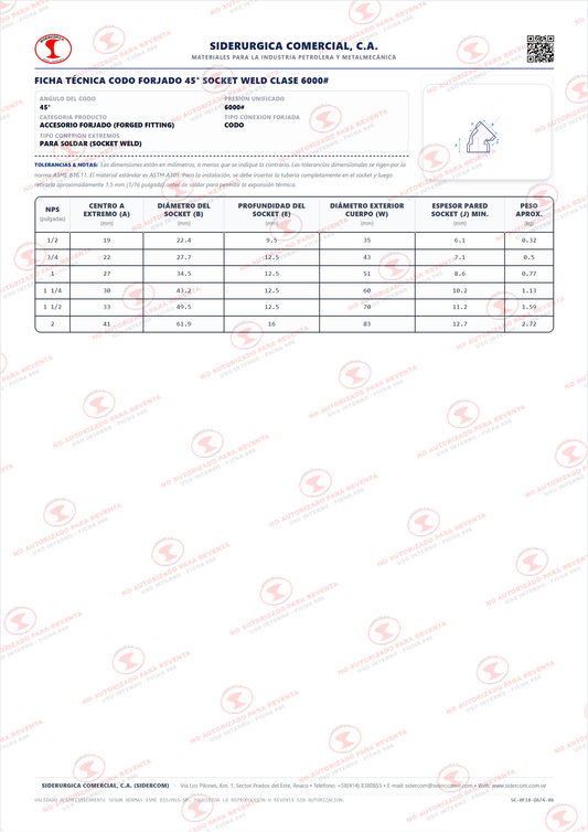 Codo 45° Soldadura por Enchufe (Socket Weld) de 1/2", Clase 6000, Acero al Carbono A105, ASME B16.11