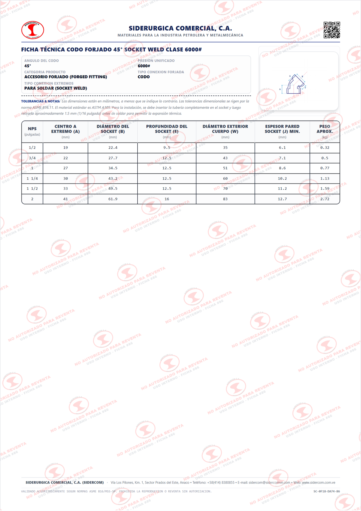 Codo 45° para Soldar (Socket Weld) de 1 1/2", Acero al Carbono A105, Clase 6000, ASME B16.11