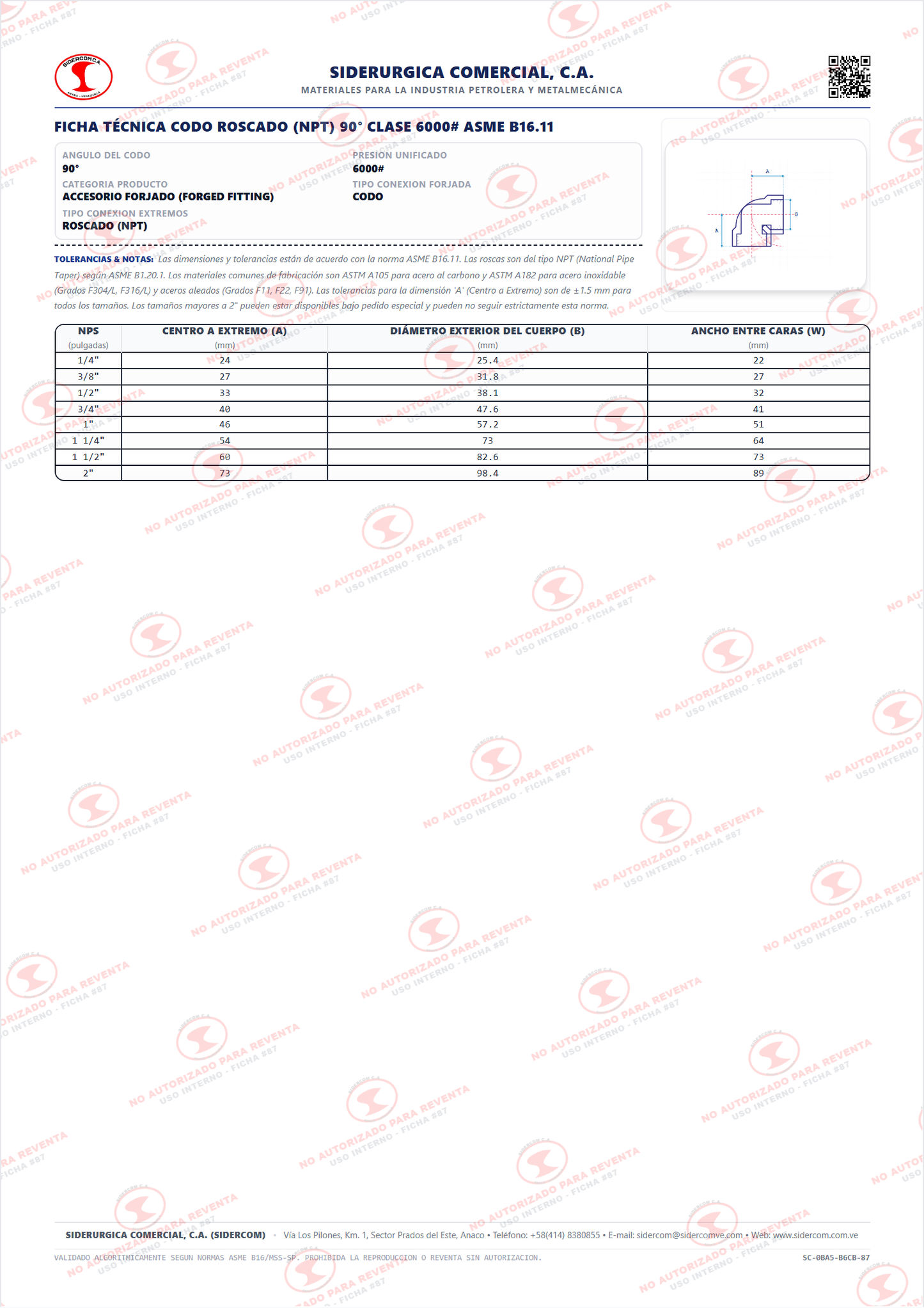 Codo 90° Roscado (NPT) de 1/2", Acero al Carbono A105, Clase 6000, ASME B16.11