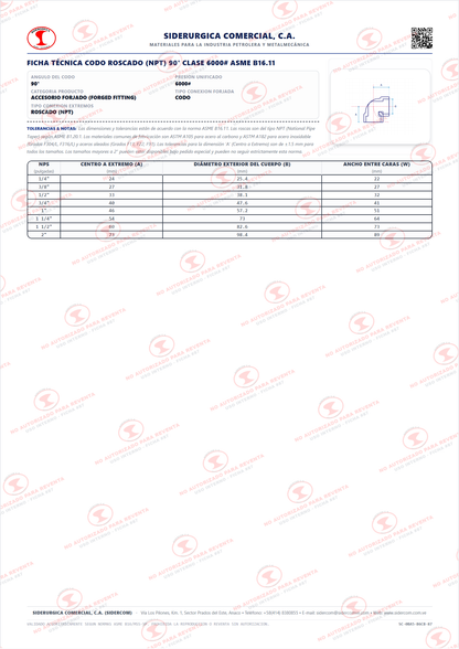 Codo 90° Roscado (NPT) de 1/2", Acero al Carbono A105, Clase 6000, ASME B16.11