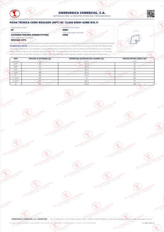 Codo 90° Roscado (NPT) de 1", Acero al Carbono A105, Clase 6000, ASME B16.11