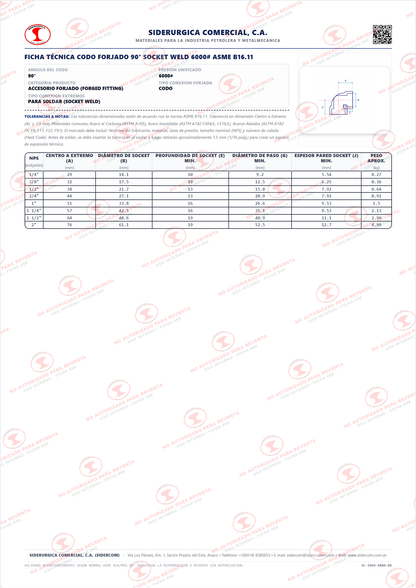Codo 90° de 1", Acero al Carbono A105, Clase 6000, Socket Weld (SW), ASME B16.11