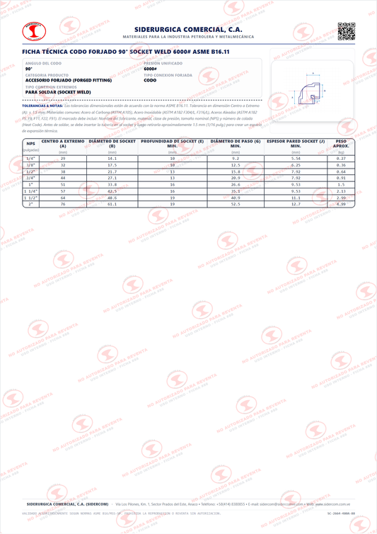 Codo 90° de 2", Acero al Carbono A105, Clase 6000, Socket Weld (SW), ASME B16.11