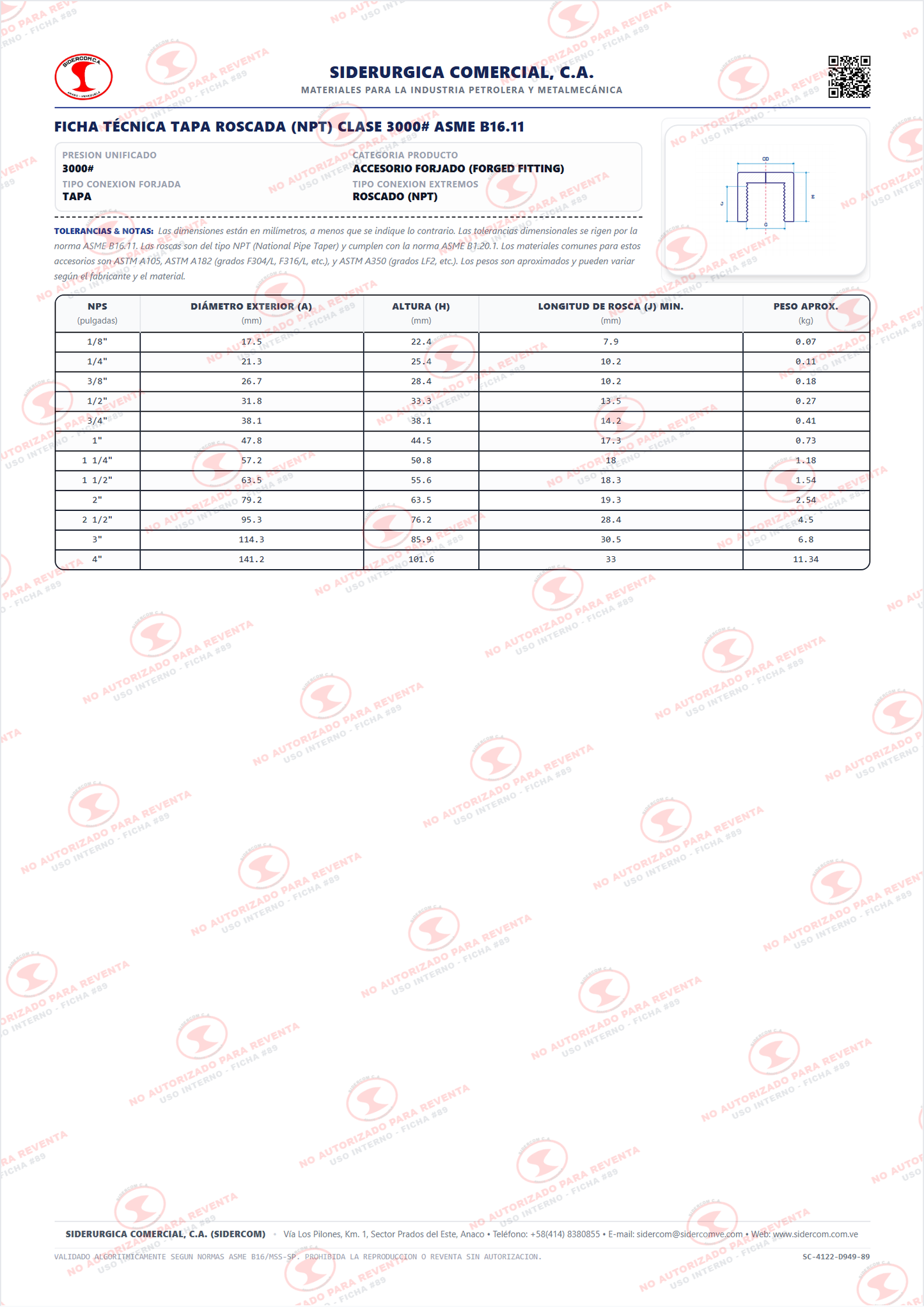 Tapa Roscada (NPT) de 2", Acero al Carbono A105, Clase 3000, ASME B16.11
