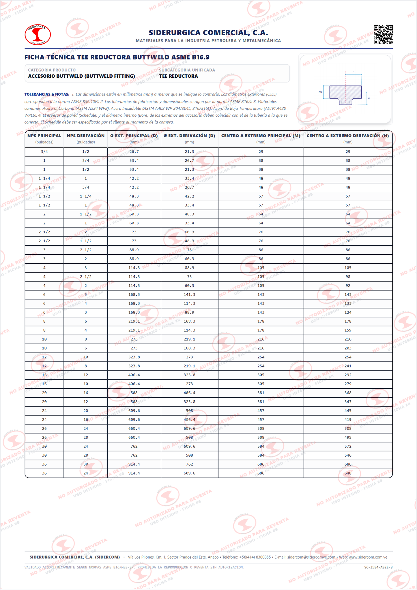 Tee Reductora de 8" x 6", Acero al Carbono A234-WPB, Schedule XS/80, ASME B16.9