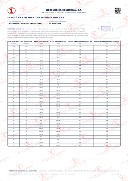 Tee Reductora de 8" x 6", Acero al Carbono A234-WPB, Schedule XS/80, ASME B16.9