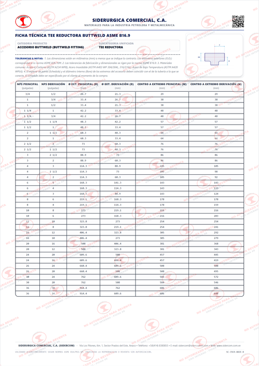 Tee Reductora de 36" x 20", Acero al Carbono A234-WPB, Schedule XS/20 x XS/30, ASME B16.9