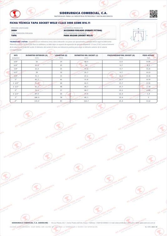 Tapa (Cap) para Soldar (SW) de 3/4", Acero al Carbono para Baja Temperatura A350-LF2, Clase 3000#, ASME B16.11