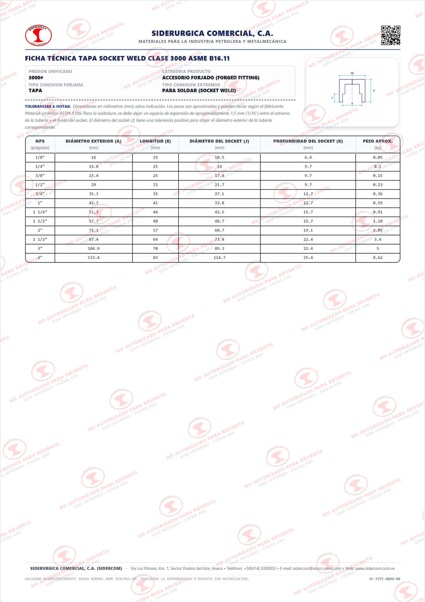 Tapa (Cap) para Soldar (SW) de 2", Acero al Carbono para Baja Temperatura A350-LF2, Clase 3000#, ASME B16.11
