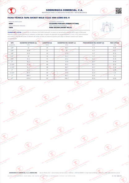 Tapa (Cap) para Soldar (SW) de 2", Acero al Carbono para Baja Temperatura A350-LF2, Clase 3000#, ASME B16.11
