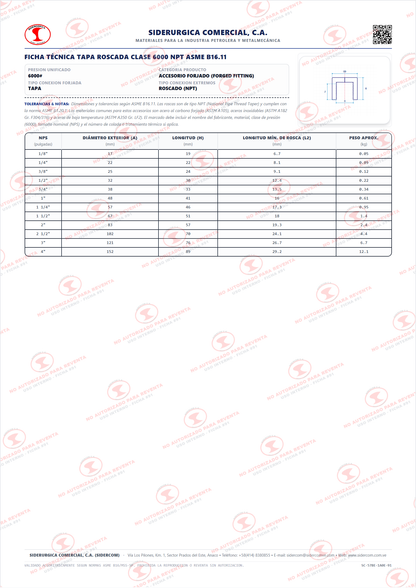 Tapa Roscada (NPT) de 1 1/2", Acero al Carbono A105, Clase 6000, ASME B16.11