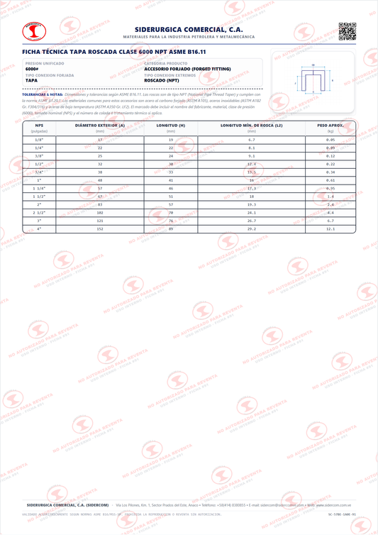 Tapa Roscada (NPT) de 1 1/2", Acero al Carbono A105, Clase 6000, ASME B16.11