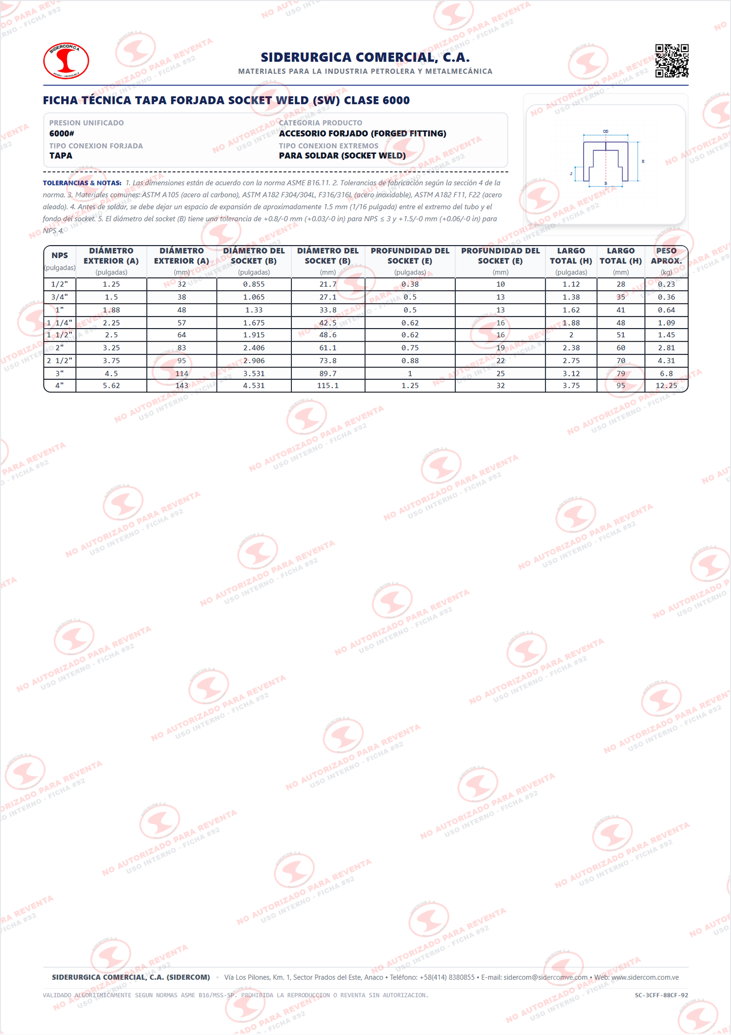 Tapa (Cap) para Soldar (SW) de 2", Acero al Carbono A105, Clase 6000, ASME B16.11