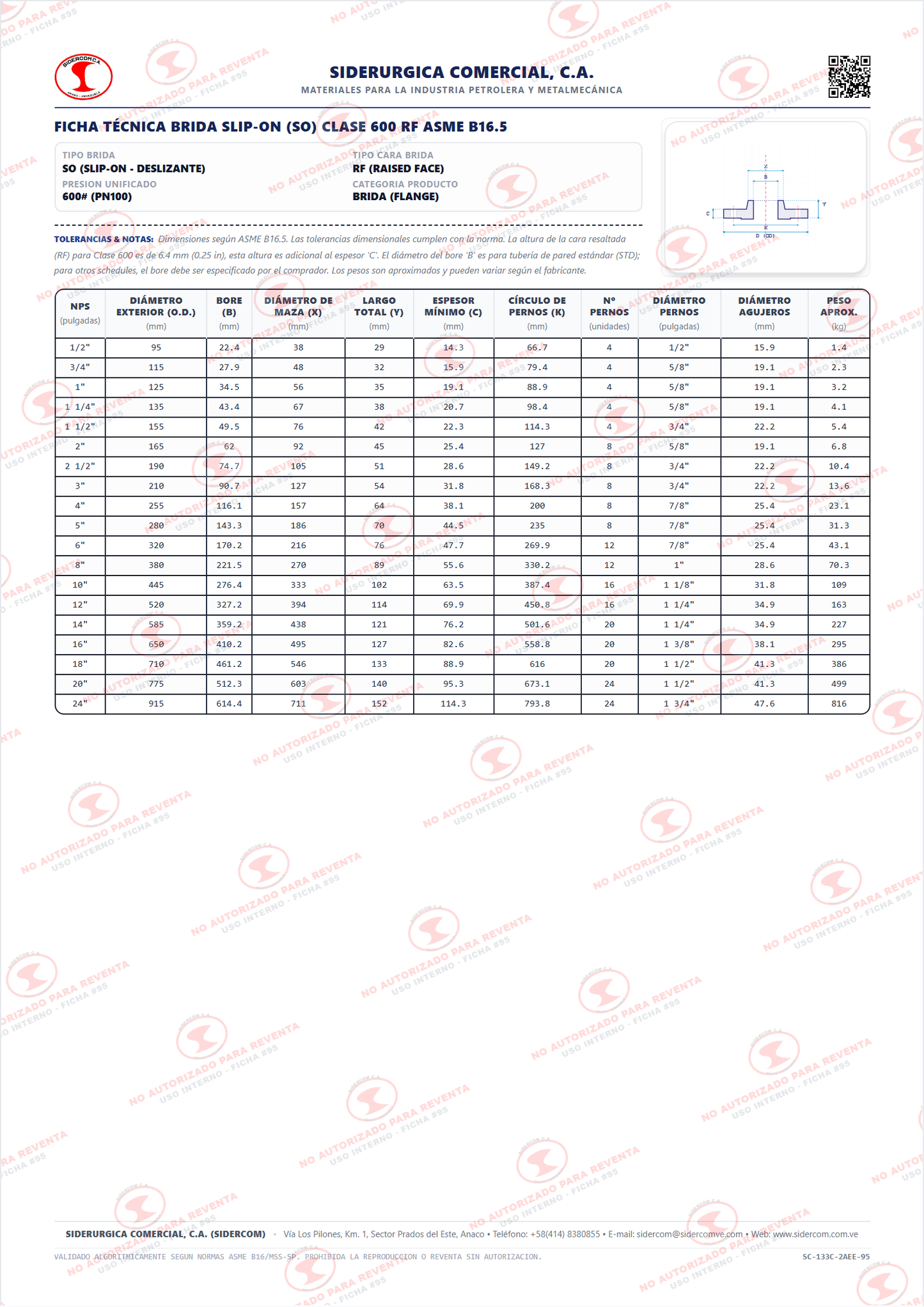Brida Slip-On (SO) de 4", Clase 600, Cara Realizada (RF), Acero al Carbono A105, ASME B16.5