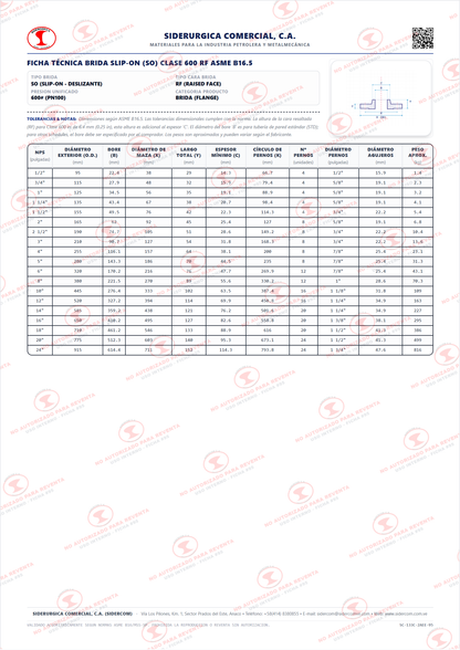 Brida Slip-On (SO) de 4", Clase 600, Cara Realizada (RF), Acero al Carbono A105, ASME B16.5