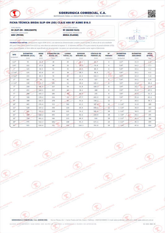 Brida Slip-On (SO) de 4", Clase 600, Cara Realizada (RF), Acero al Carbono A105, ASME B16.5