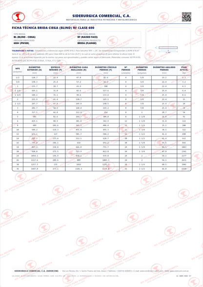 Brida Ciega (Blind) de 3" Clase 600, Cara Realzada (RF), Acero al Carbono A105, ASME B16.5