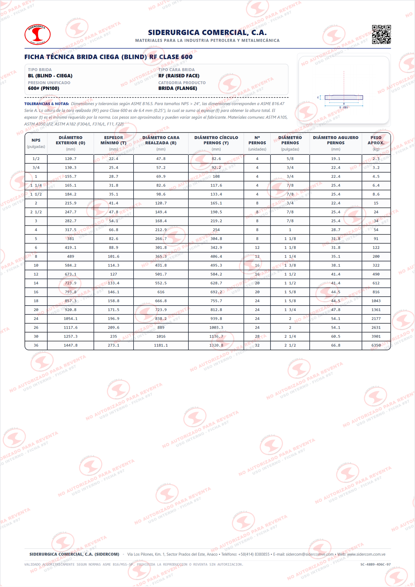 Brida Ciega (BL) de 8" Clase 600, Cara Realzada (RF), Acero al Carbono para Baja Temperatura A350-LF2, ASME B16.5