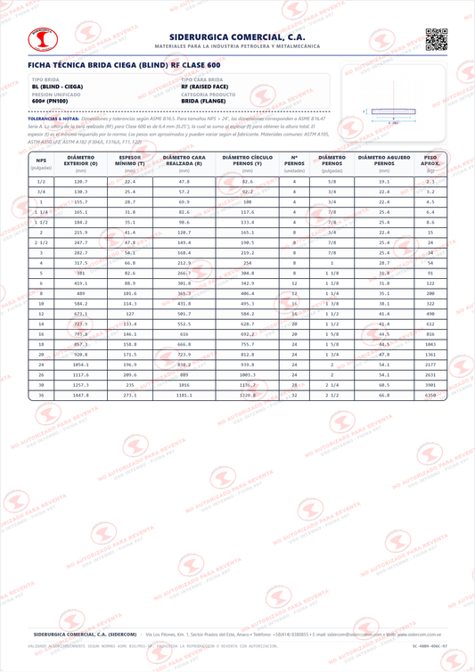 Brida Ciega (BL) de 8" Clase 600, Cara Realzada (RF), Acero al Carbono para Baja Temperatura A350-LF2, ASME B16.5