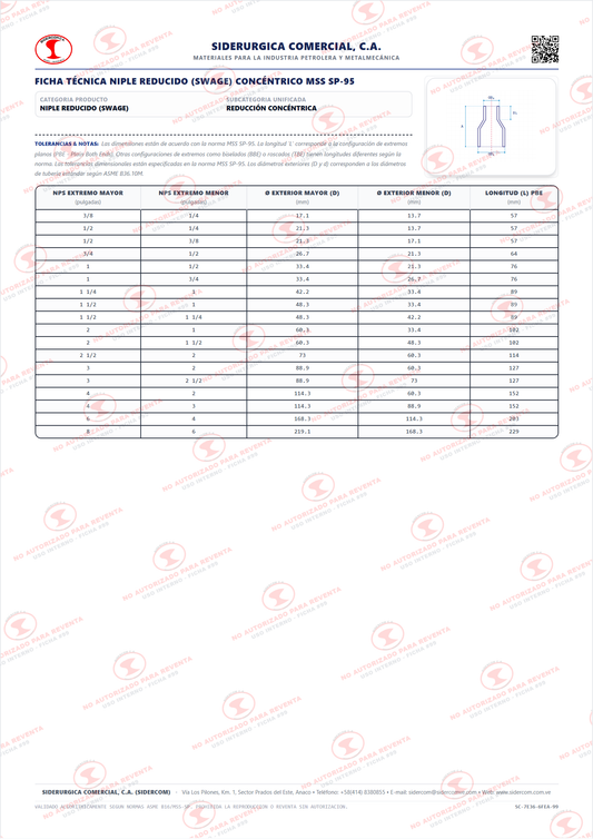 Niple Swage Concéntrico de 4" a 3/4", Acero al Carbono A234-WPB, Schedule XS/80, Extremos Biselados (BBE), MSS SP-95