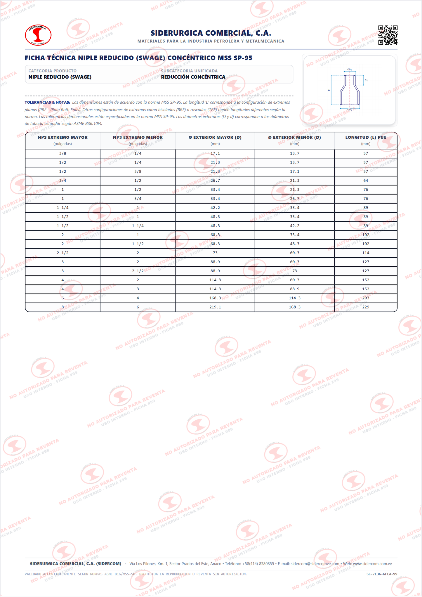 Niple Swage Concéntrico de 3" a 1 1/2", Acero al Carbono A105, Sch STD x XS, Extremos Biselado x Roscado (BxT), ASME B16.11
