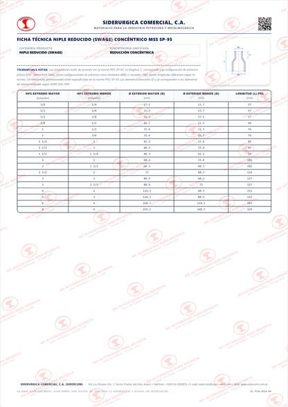 Niple Swage Concéntrico de 1" a 3/4", Acero al Carbono A234-WPB, Schedule 160, Extremos Biselado x Roscado (BLE x TSE), MSS SP-95