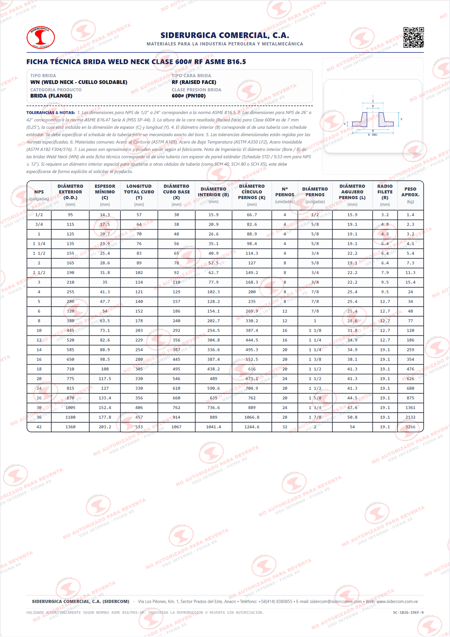 Brida Weld Neck (WN) de 8" Clase 600, Cara Realzada (RF), Acero al Carbono para Baja Temperatura A350-LF2, Schedule STD/40, ASME B16.5